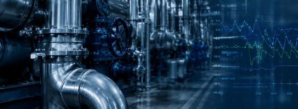 Coldcase cooling pumps in dark cool room. Overlay image of line graph statistics (they're meaningless numbers it's a stock image)