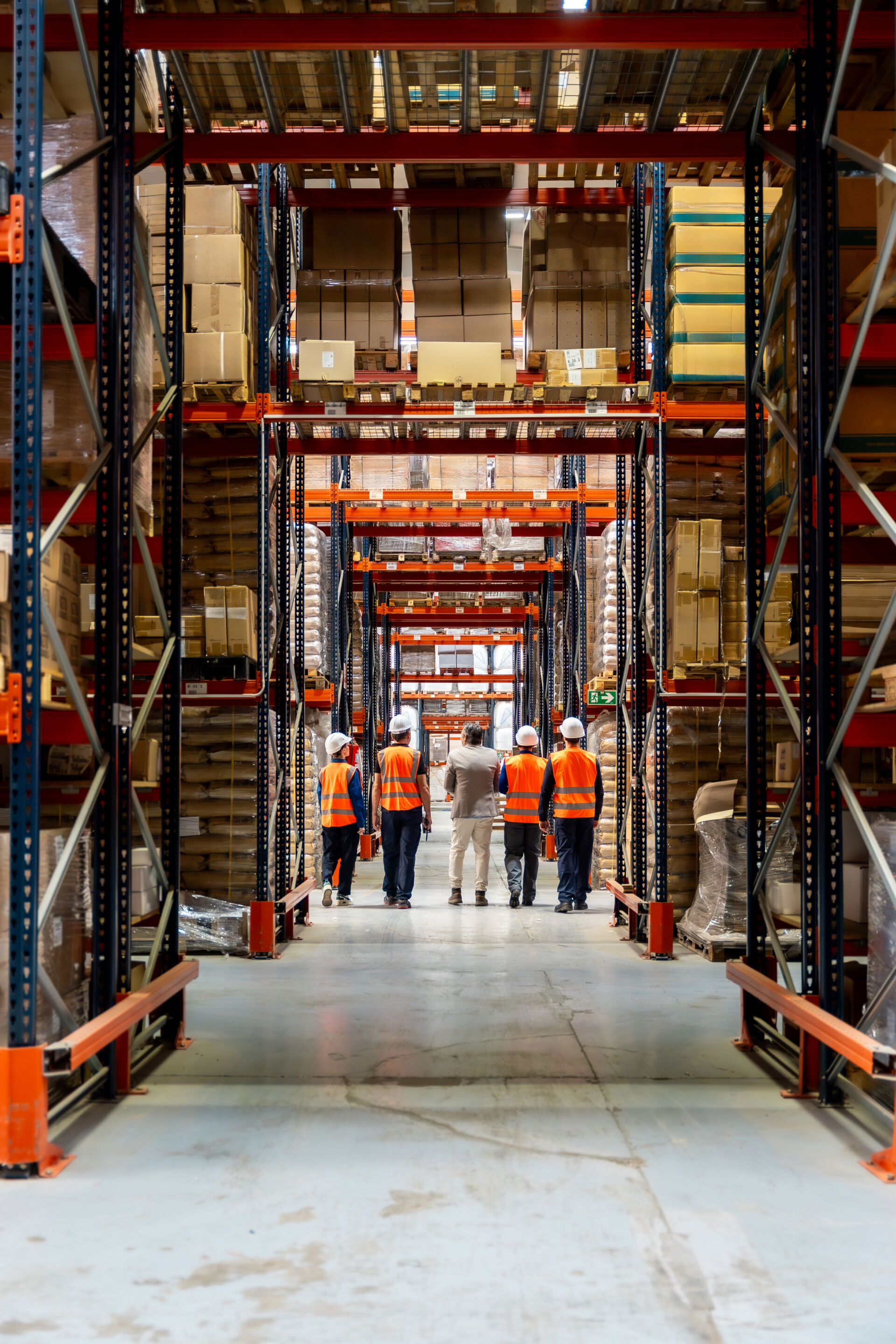 Coldcase logistics workers walking through a warehouse racking aisle